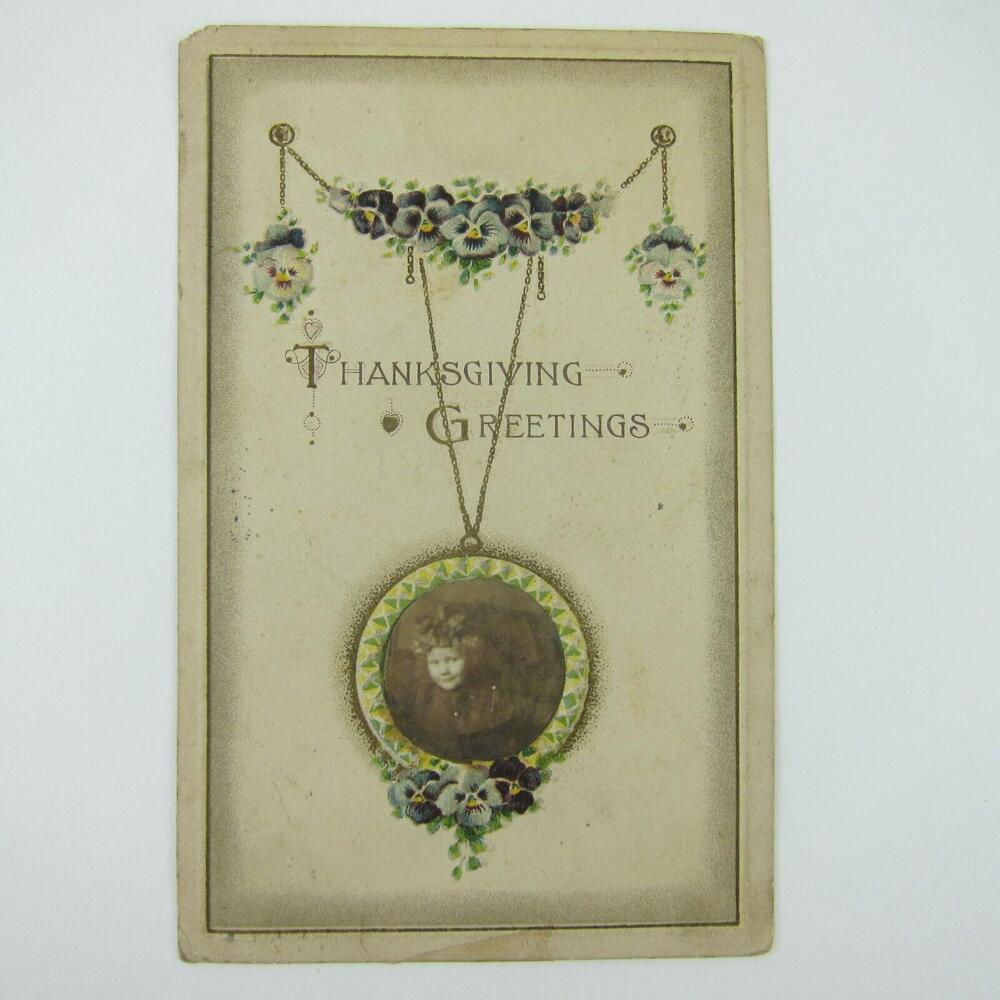 Thanksgiving Postcard Girl Photo Flowers Embossed Germany Antique 1912 - Picture 5 of 12